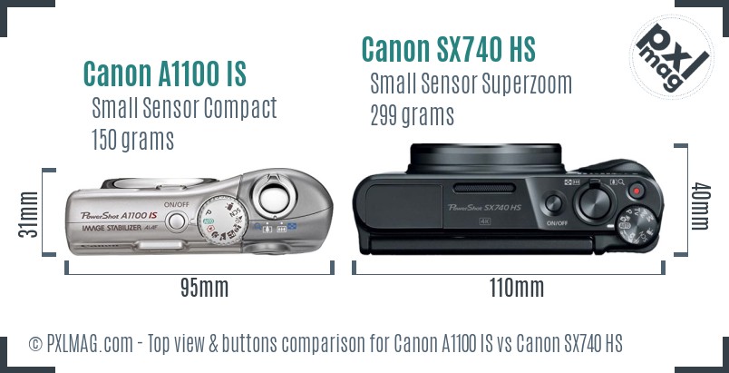 Canon A1100 IS vs Canon SX740 HS top view buttons comparison