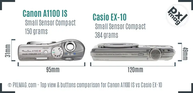 Canon A1100 IS vs Casio EX-10 top view buttons comparison