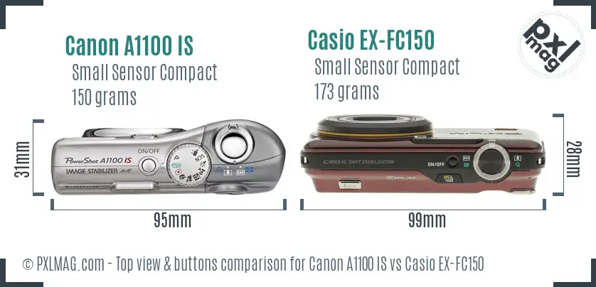 Canon A1100 IS vs Casio EX-FC150 top view buttons comparison