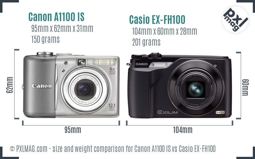Canon A1100 IS vs Casio EX-FH100 size comparison