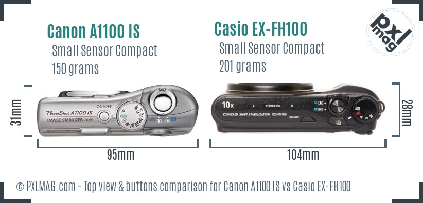 Canon A1100 IS vs Casio EX-FH100 top view buttons comparison