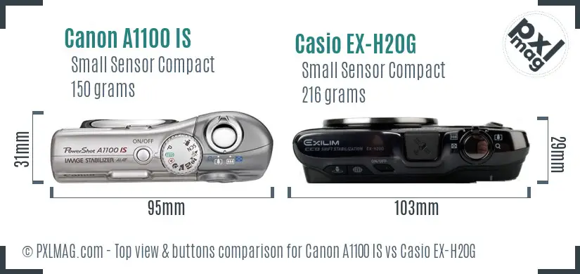 Canon A1100 IS vs Casio EX-H20G top view buttons comparison Canon A1100 IS vs Casio EX-H20G top view buttons comparison