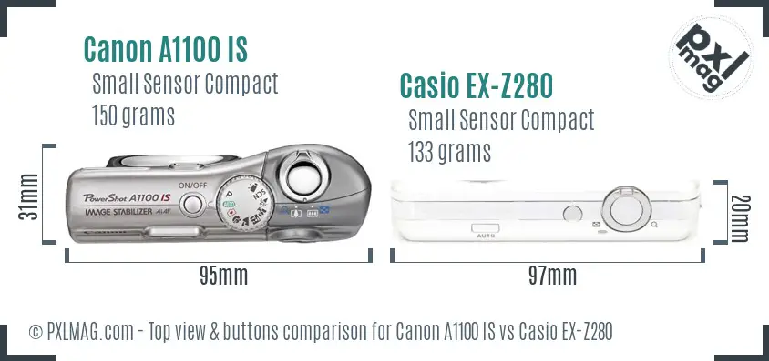 Canon A1100 IS vs Casio EX-Z280 top view buttons comparison