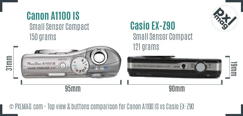 Canon A1100 IS vs Casio EX-Z90 top view buttons comparison