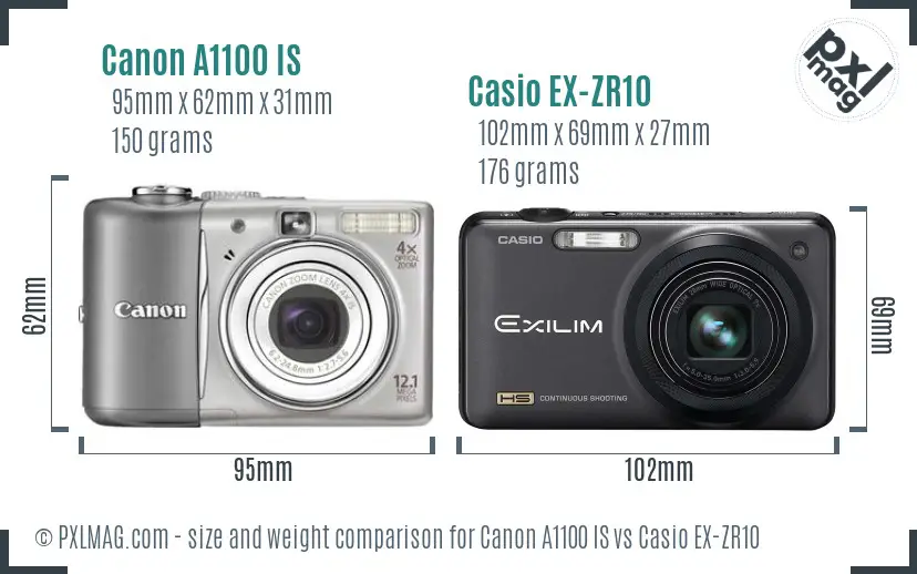 Canon A1100 IS vs Casio EX-ZR10 size comparison Canon A1100 IS vs Casio EX-ZR10 size comparison