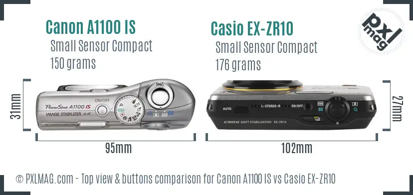 Canon A1100 IS vs Casio EX-ZR10 top view buttons comparison Canon A1100 IS vs Casio EX-ZR10 top view buttons comparison