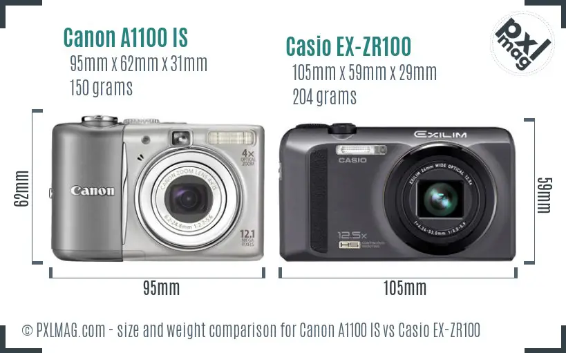 Canon A1100 IS vs Casio EX-ZR100 size comparison