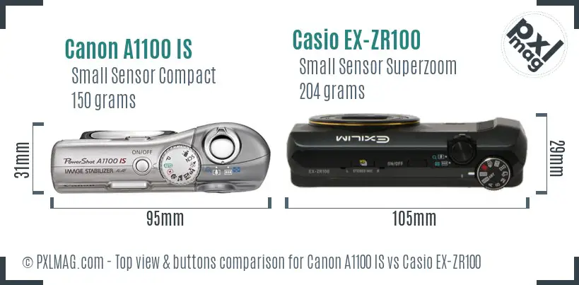 Canon A1100 IS vs Casio EX-ZR100 top view buttons comparison