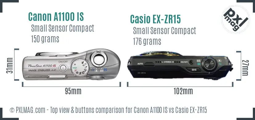 Canon A1100 IS vs Casio EX-ZR15 top view buttons comparison