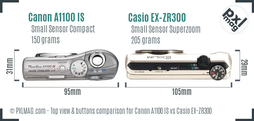 Canon A1100 IS vs Casio EX-ZR300 top view buttons comparison