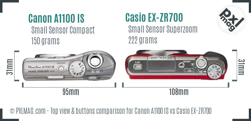 Canon A1100 IS vs Casio EX-ZR700 top view buttons comparison Canon A1100 IS vs Casio EX-ZR700 top view buttons comparison