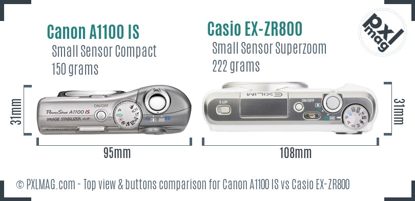 Canon A1100 IS vs Casio EX-ZR800 top view buttons comparison