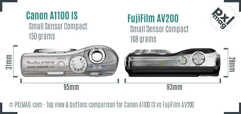 Canon A1100 IS vs FujiFilm AV200 top view buttons comparison