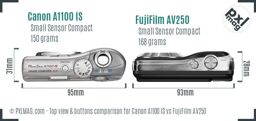 Canon A1100 IS vs FujiFilm AV250 top view buttons comparison