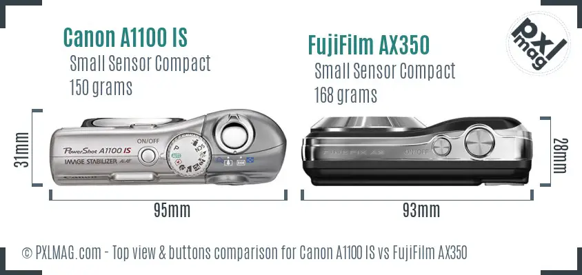 Canon A1100 IS vs FujiFilm AX350 top view buttons comparison