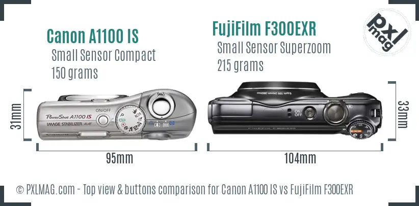 Canon A1100 IS vs FujiFilm F300EXR top view buttons comparison