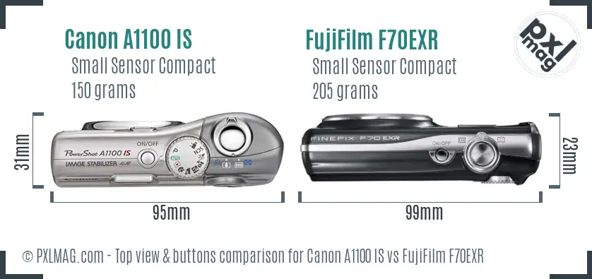 Canon A1100 IS vs FujiFilm F70EXR top view buttons comparison