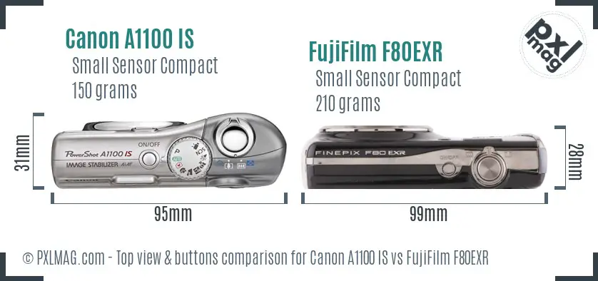 Canon A1100 IS vs FujiFilm F80EXR top view buttons comparison