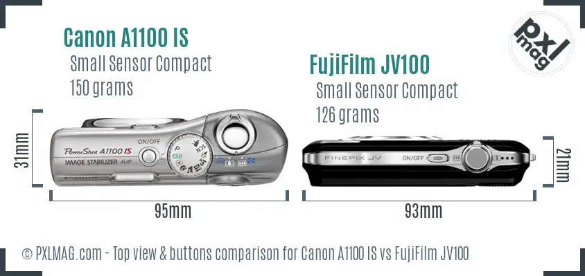 Canon A1100 IS vs FujiFilm JV100 top view buttons comparison