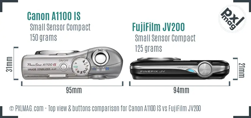 Canon A1100 IS vs FujiFilm JV200 top view buttons comparison Canon A1100 IS vs FujiFilm JV200 top view buttons comparison