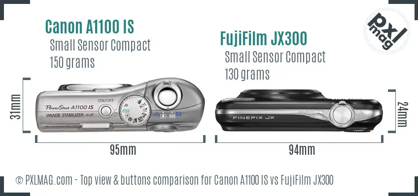Canon A1100 IS vs FujiFilm JX300 top view buttons comparison