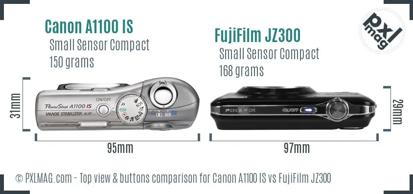 Canon A1100 IS vs FujiFilm JZ300 top view buttons comparison