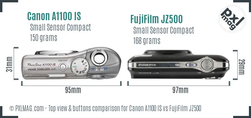 Canon A1100 IS vs FujiFilm JZ500 top view buttons comparison Canon A1100 IS vs FujiFilm JZ500 top view buttons comparison