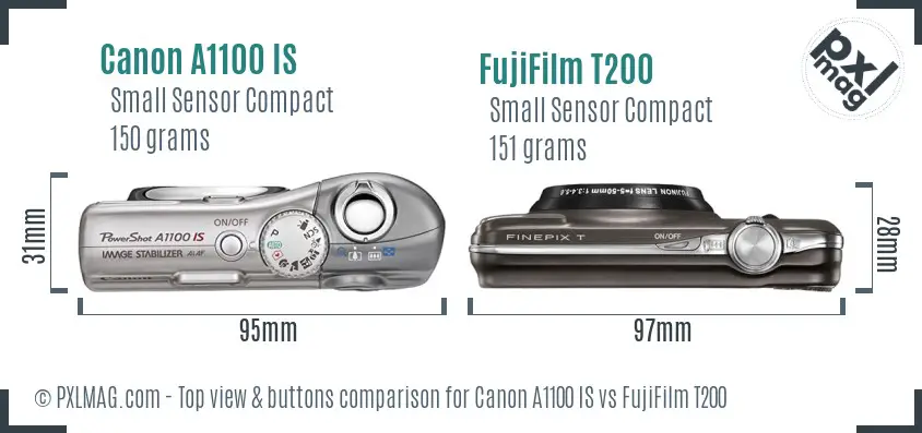 Canon A1100 IS vs FujiFilm T200 top view buttons comparison