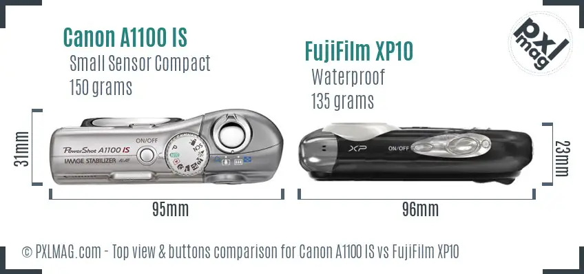 Canon A1100 IS vs FujiFilm XP10 top view buttons comparison