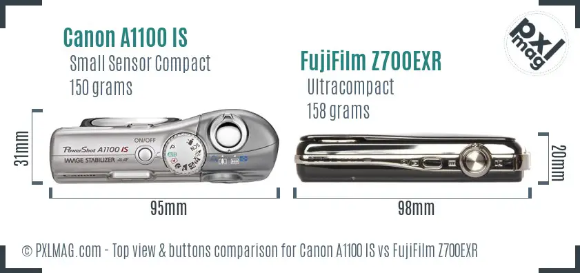 Canon A1100 IS vs FujiFilm Z700EXR top view buttons comparison