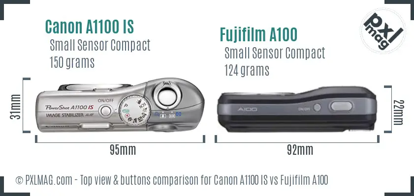Canon A1100 IS vs Fujifilm A100 top view buttons comparison Canon A1100 IS vs Fujifilm A100 top view buttons comparison