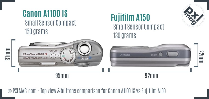 Canon A1100 IS vs Fujifilm A150 top view buttons comparison