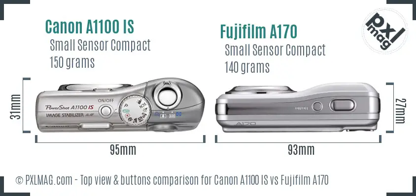 Canon A1100 IS vs Fujifilm A170 top view buttons comparison Canon A1100 IS vs Fujifilm A170 top view buttons comparison