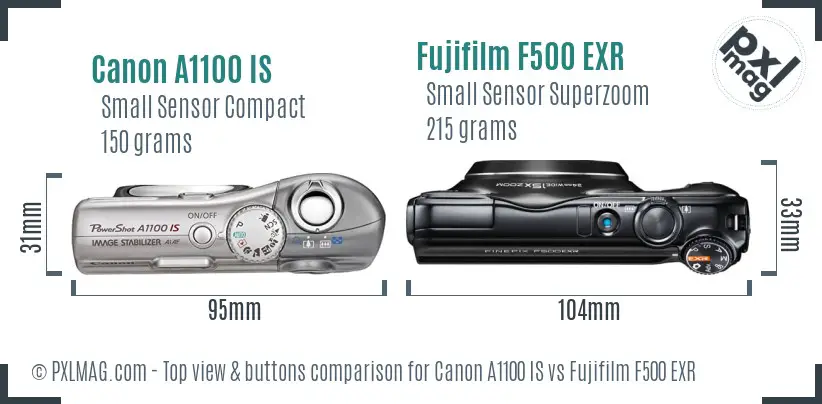 Canon A1100 IS vs Fujifilm F500 EXR top view buttons comparison