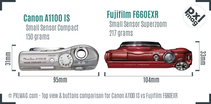 Canon A1100 IS vs Fujifilm F660EXR top view buttons comparison