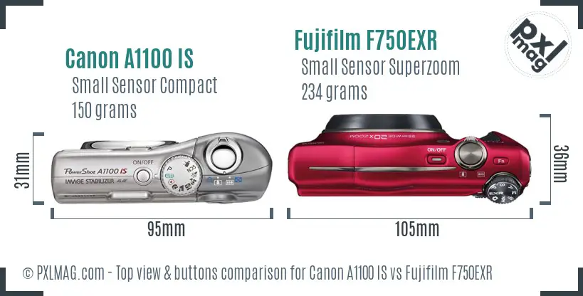 Canon A1100 IS vs Fujifilm F750EXR top view buttons comparison