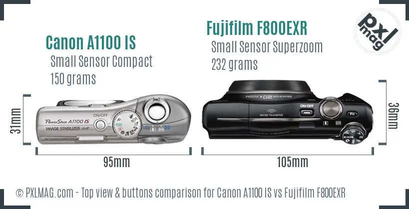 Canon A1100 IS vs Fujifilm F800EXR top view buttons comparison