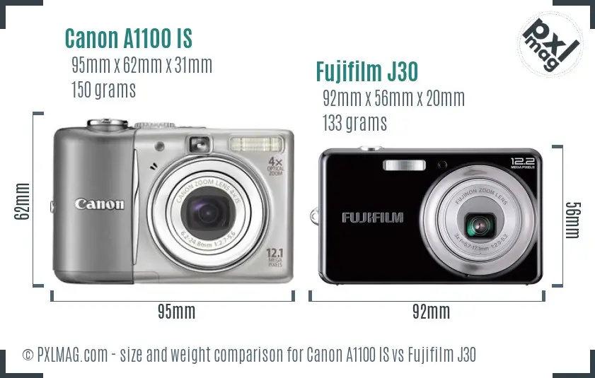 Canon A1100 IS vs Fujifilm J30 size comparison