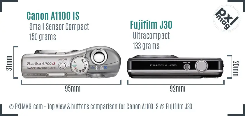 Canon A1100 IS vs Fujifilm J30 top view buttons comparison
