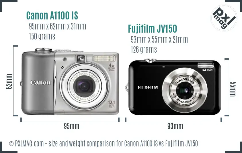 Canon A1100 IS vs Fujifilm JV150 size comparison