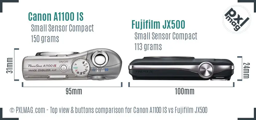 Canon A1100 IS vs Fujifilm JX500 top view buttons comparison