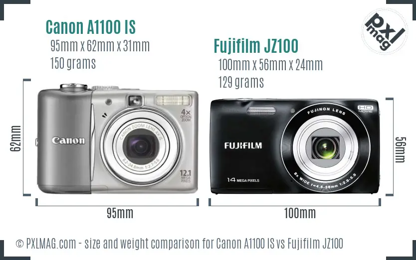 Canon A1100 IS vs Fujifilm JZ100 size comparison