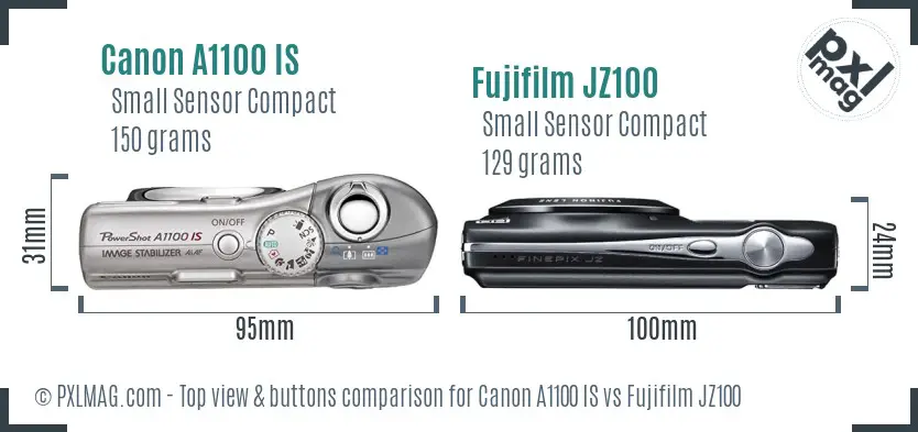 Canon A1100 IS vs Fujifilm JZ100 top view buttons comparison