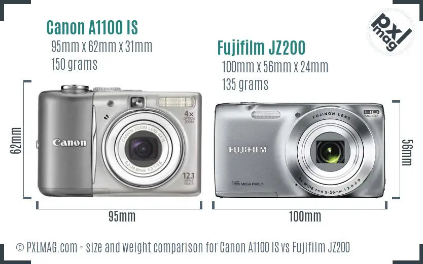 Canon A1100 IS vs Fujifilm JZ200 size comparison