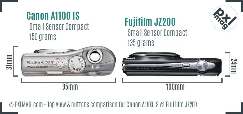 Canon A1100 IS vs Fujifilm JZ200 top view buttons comparison