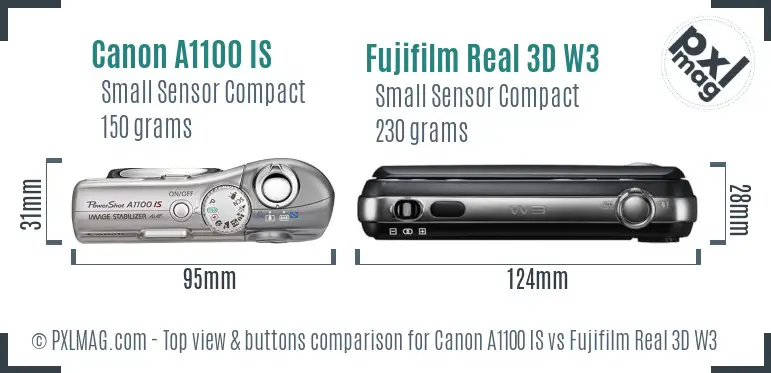 Canon A1100 IS vs Fujifilm Real 3D W3 top view buttons comparison Canon A1100 IS vs Fujifilm Real 3D W3 top view buttons comparison