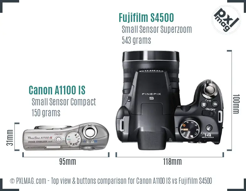 Canon A1100 IS vs Fujifilm S4500 top view buttons comparison