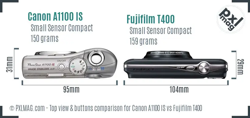 Canon A1100 IS vs Fujifilm T400 top view buttons comparison