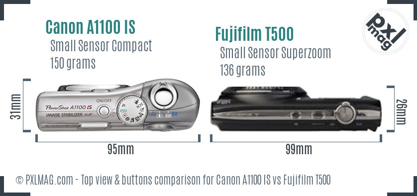 Canon A1100 IS vs Fujifilm T500 top view buttons comparison