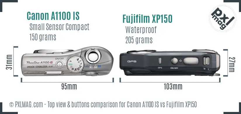 Canon A1100 IS vs Fujifilm XP150 top view buttons comparison Canon A1100 IS vs Fujifilm XP150 top view buttons comparison